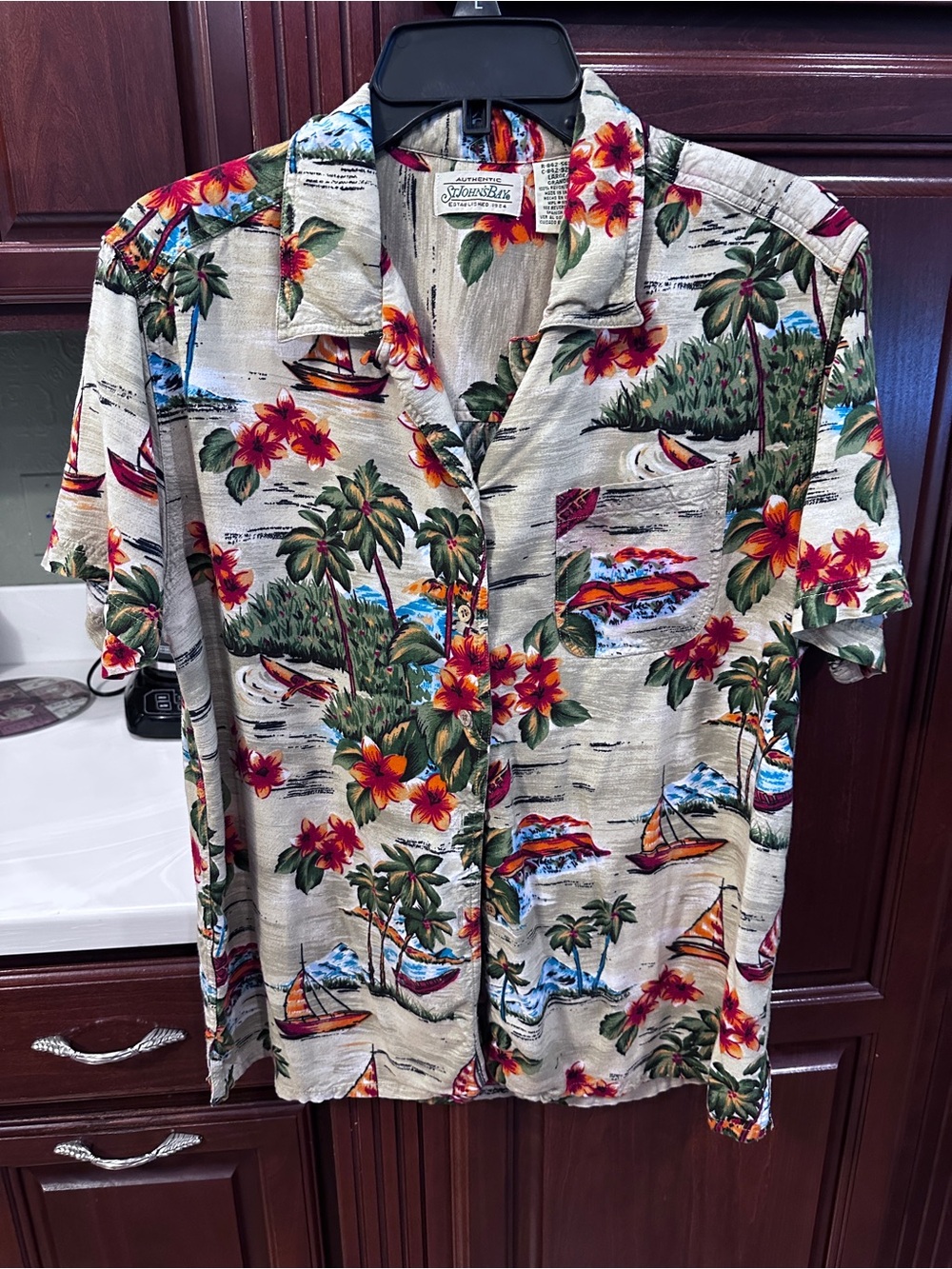 St. John’s Bay M/L Hawaiian Camp Shirt with Red-Orange Florals and Green Palms
